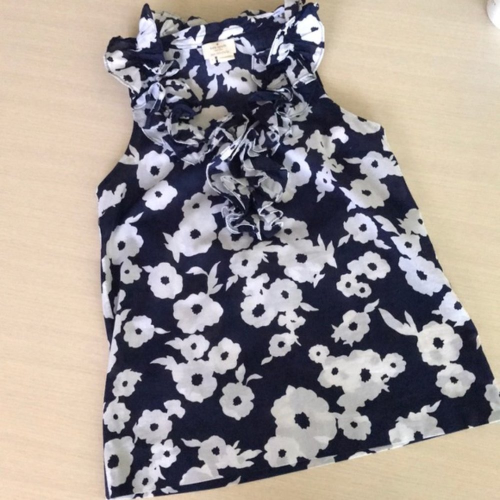 Kate Spade New York Navy and White Floral Ruffled 100% Cotton Blouse Size 0